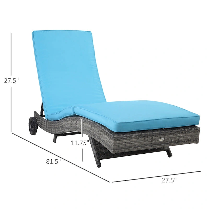 Chaise longue de piscine en osier, transat d'extérieur en rotin PE rembourré avec dossier réglable sur 5 niveaux et roulettes