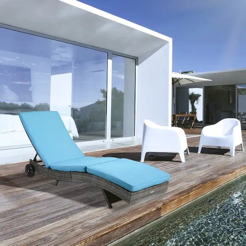 Chaise longue de piscine en osier, transat d'extérieur en rotin PE rembourré avec dossier réglable sur 5 niveaux et roulettes