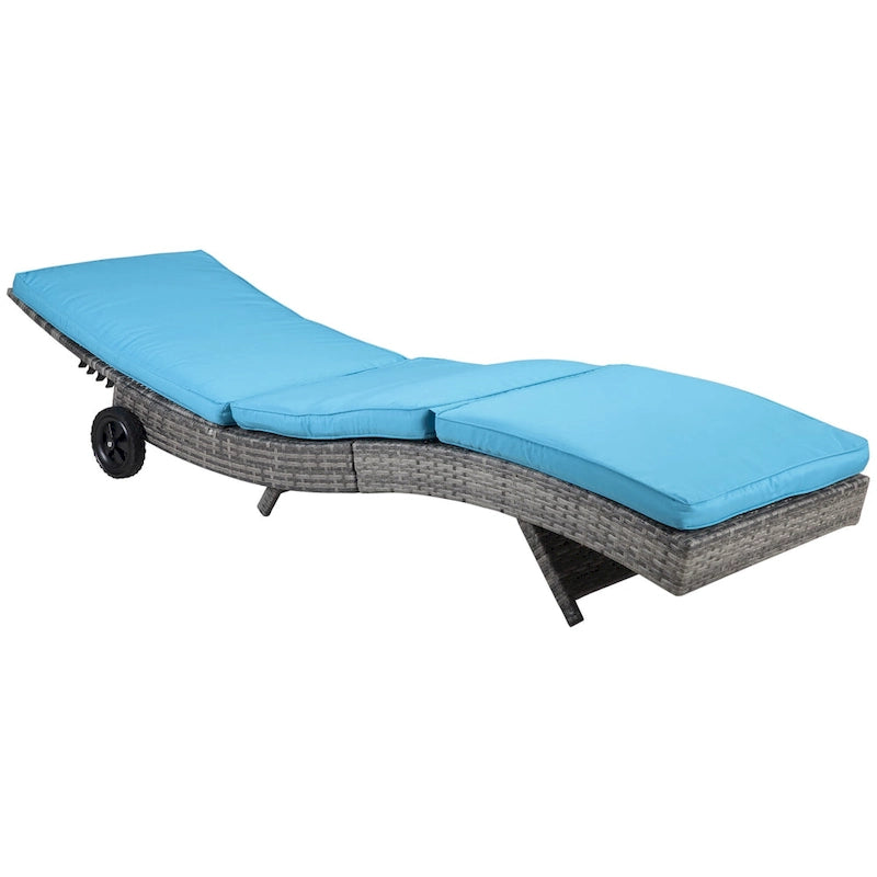 Chaise longue de piscine en osier, transat d'extérieur en rotin PE rembourré avec dossier réglable sur 5 niveaux et roulettes