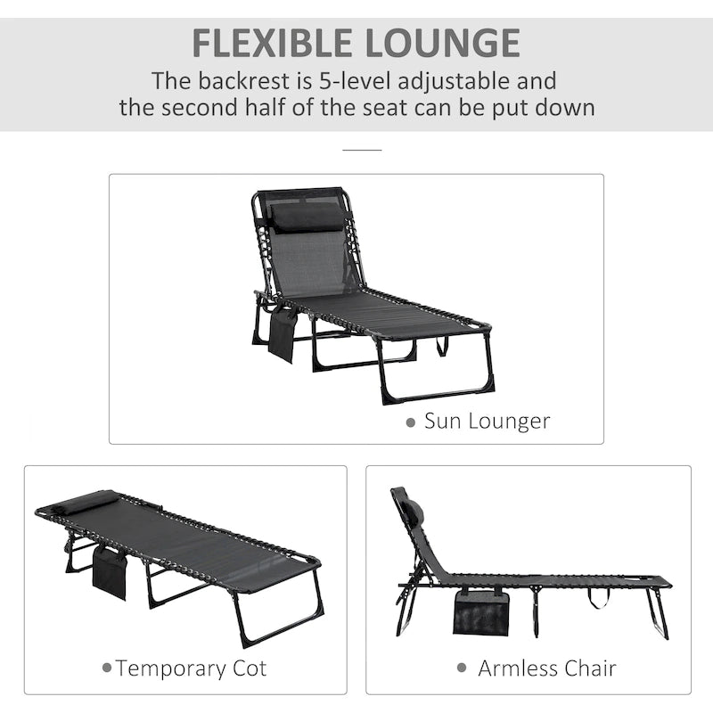 Chaise longue inclinable, transat portable, lit de camp pliant, avec dossier réglable et oreiller amovible