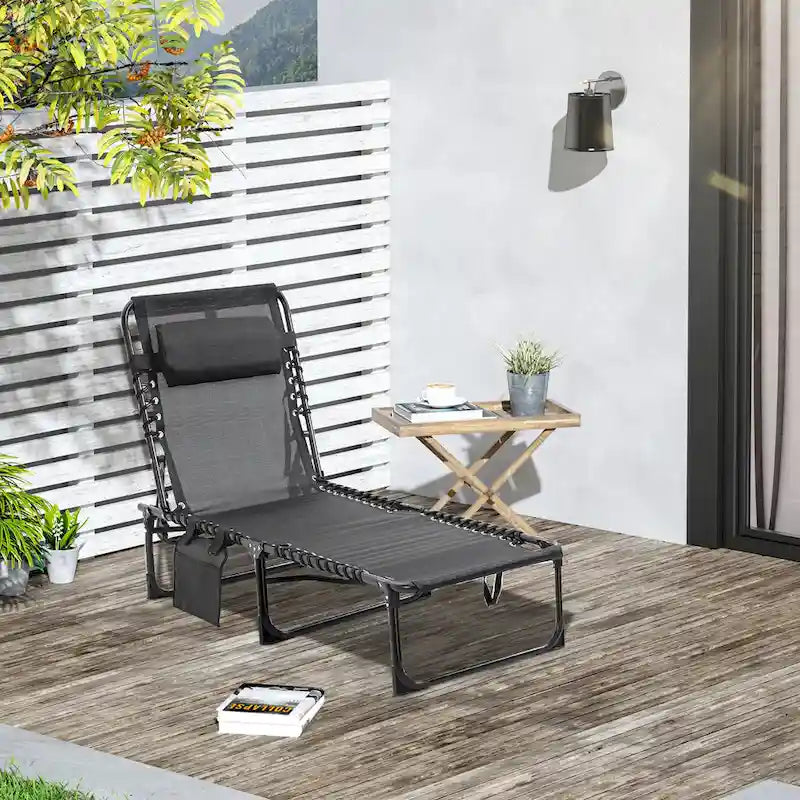 Chaise longue inclinable, transat portable, lit de camp pliant, avec dossier réglable et oreiller amovible