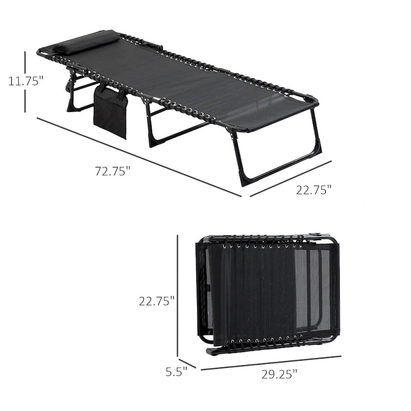 Chaise longue inclinable, transat portable, lit de camp pliant, avec dossier réglable et oreiller amovible