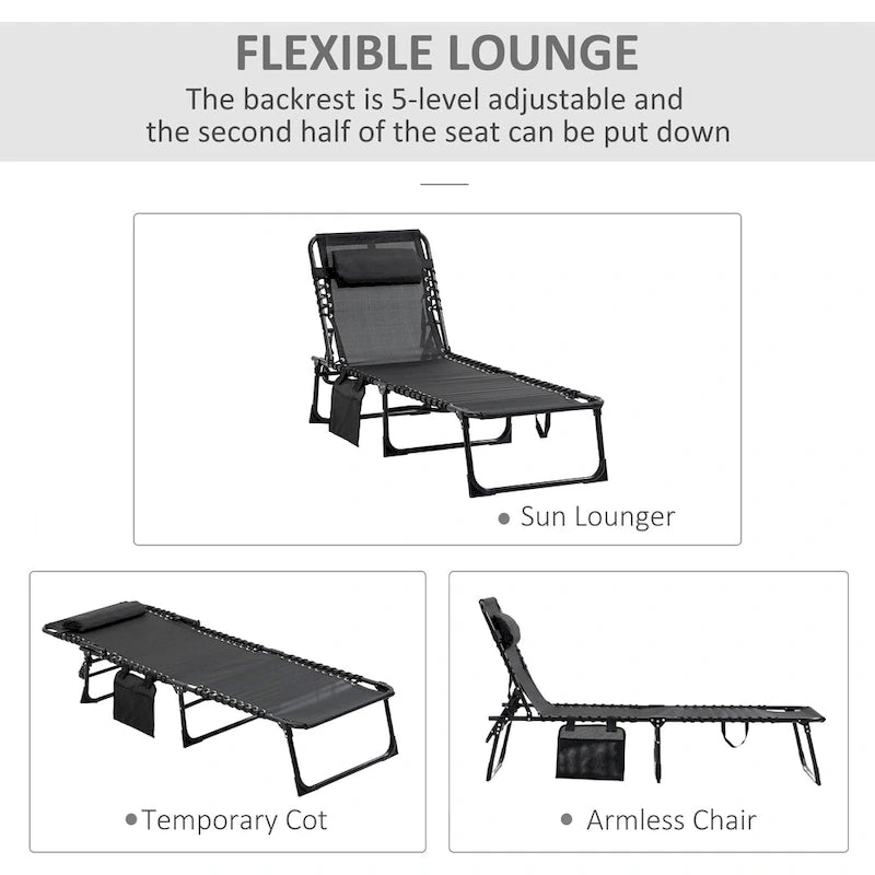Chaise longue inclinable, transat portable, lit de camp pliant, avec dossier réglable et oreiller amovible