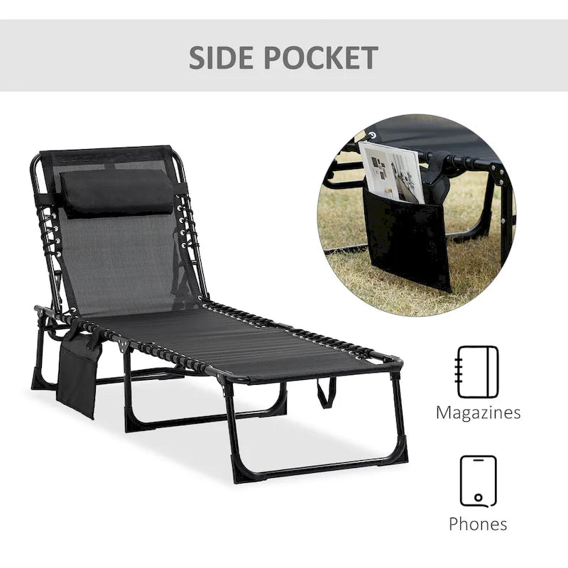 Chaise longue inclinable, transat portable, lit de camp pliant, avec dossier réglable et oreiller amovible