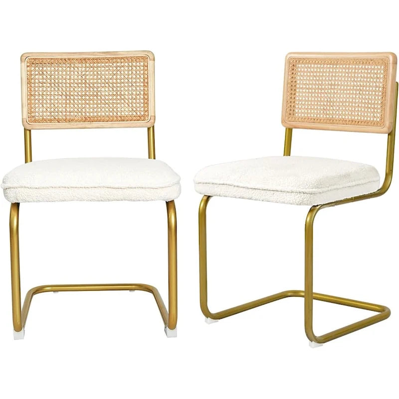 Chaises en rotin style moderne du milieu du siècle, assise rembourrée en polaire, sans accoudoirs, dossier en rotin et pieds en métal, lot de 2, couleur crème