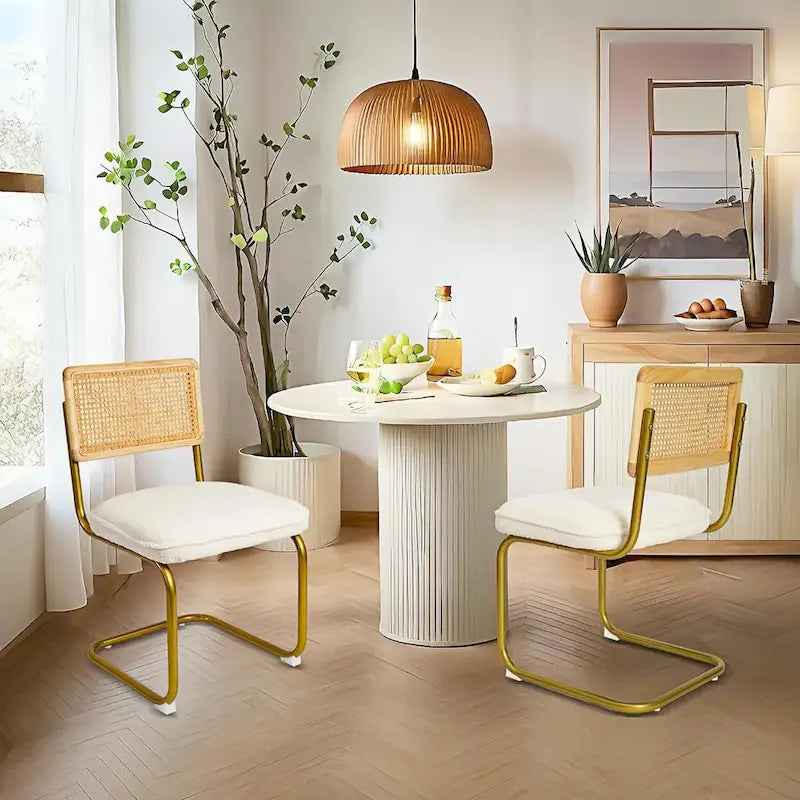 Chaises en rotin style moderne du milieu du siècle, assise rembourrée en polaire, sans accoudoirs, dossier en rotin et pieds en métal, lot de 2, couleur crème