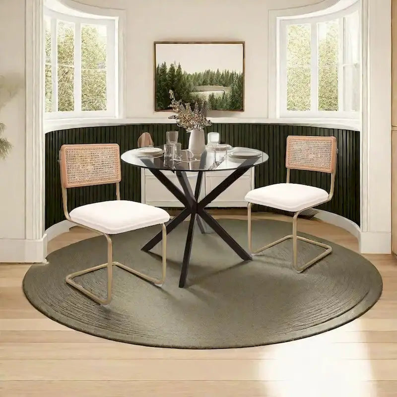 Chaises en rotin style moderne du milieu du siècle, assise rembourrée en polaire, sans accoudoirs, dossier en rotin et pieds en métal, lot de 2, couleur crème