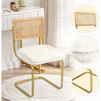 Chaises en rotin style moderne du milieu du siècle, assise rembourrée en polaire, sans accoudoirs, dossier en rotin et pieds en métal, lot de 2, couleur crème