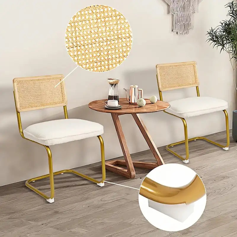 Chaises en rotin style moderne du milieu du siècle, assise rembourrée en polaire, sans accoudoirs, dossier en rotin et pieds en métal, lot de 2, couleur crème