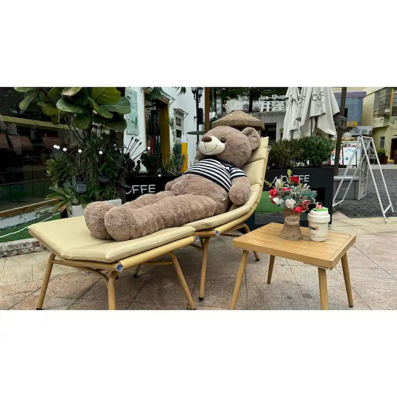 Chaise longue avec table pour intérieur et extérieur, structure en alliage couleur bois, capacité de 172 kg, avec coussin inclinable