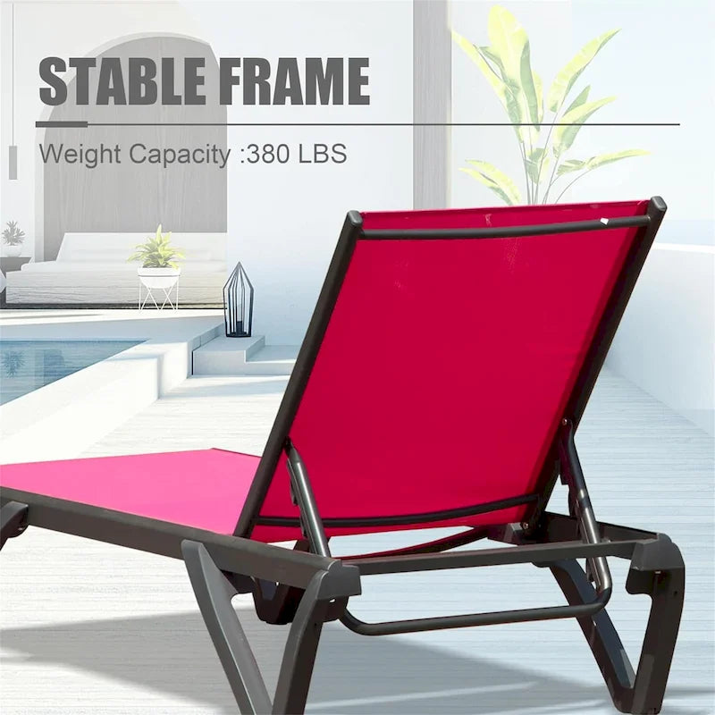 Chaise longue d'extérieur, 2 pièces, chaise longue de patio en aluminium et plastique avec dossier réglable sur 5 positions et roulettes