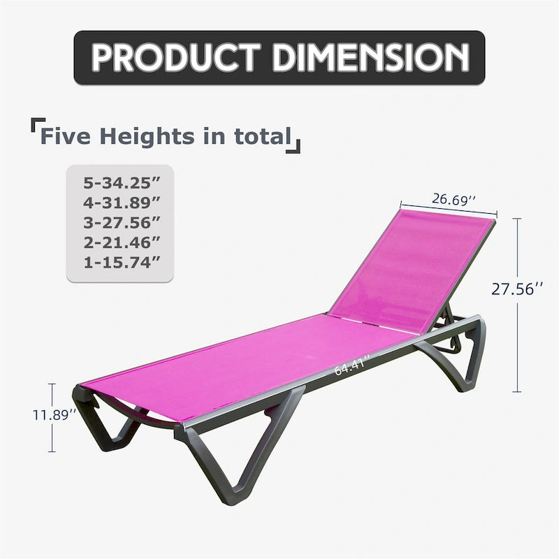 Chaise longue d'extérieur, 2 pièces, chaise longue de patio en aluminium et plastique avec dossier réglable sur 5 positions et roulettes
