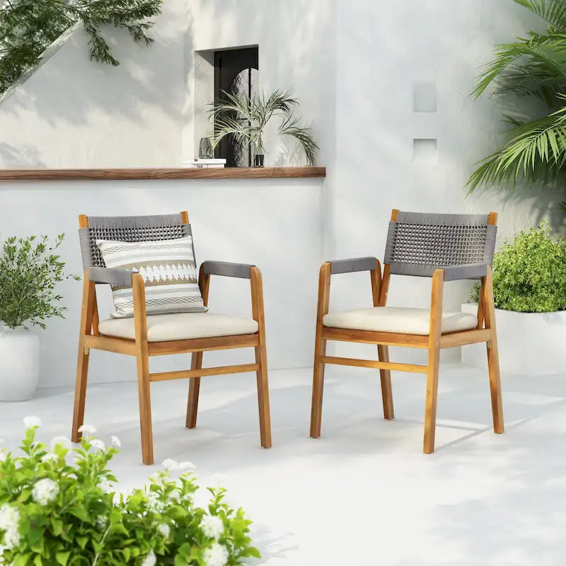 Chaises de salle à manger d'extérieur Oucacia en bois d'acacia et corde (lot de 2) par Christopher Knight Home