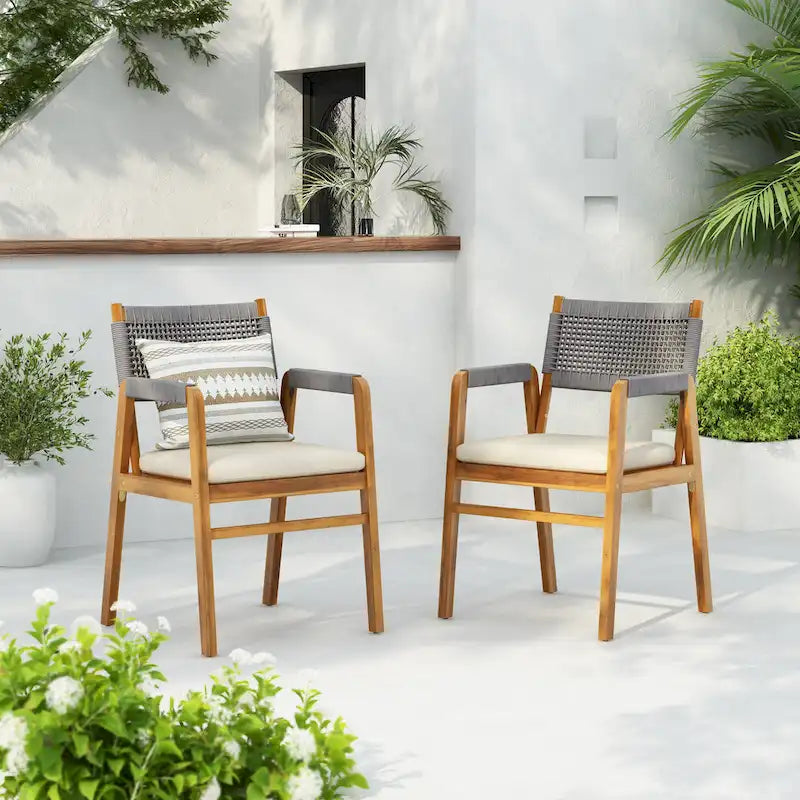 Chaises de salle à manger d'extérieur Oucacia en bois d'acacia et corde (lot de 2) par Christopher Knight Home