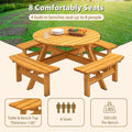 Table à manger ronde pour 8 personnes avec 4 bancs intégrés, idéale pour le camping, les pique-niques et les apéritifs au bord de la piscine.