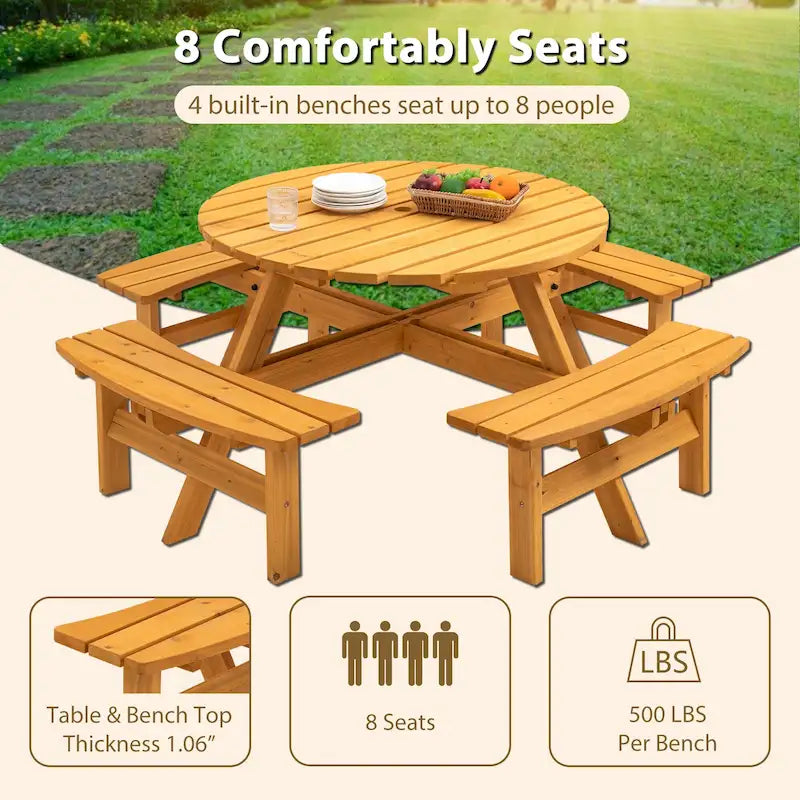 Table à manger ronde pour 8 personnes avec 4 bancs intégrés, idéale pour le camping, les pique-niques et les apéritifs au bord de la piscine.
