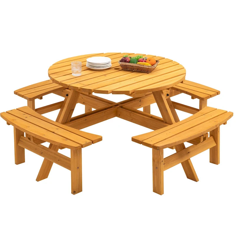 Table à manger ronde pour 8 personnes avec 4 bancs intégrés, idéale pour le camping, les pique-niques et les apéritifs au bord de la piscine.