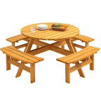 Table à manger ronde pour 8 personnes avec 4 bancs intégrés, idéale pour le camping, les pique-niques et les apéritifs au bord de la piscine.