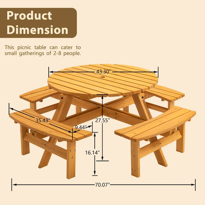 Table à manger ronde pour 8 personnes avec 4 bancs intégrés, idéale pour le camping, les pique-niques et les apéritifs au bord de la piscine.