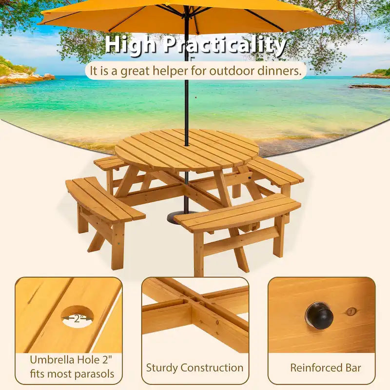 Table à manger ronde pour 8 personnes avec 4 bancs intégrés, idéale pour le camping, les pique-niques et les apéritifs au bord de la piscine.
