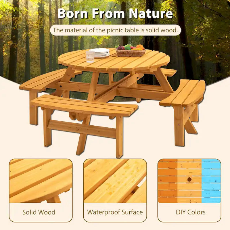 Table à manger ronde pour 8 personnes avec 4 bancs intégrés, idéale pour le camping, les pique-niques et les apéritifs au bord de la piscine.
