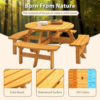 Table à manger ronde pour 8 personnes avec 4 bancs intégrés, idéale pour le camping, les pique-niques et les apéritifs au bord de la piscine.