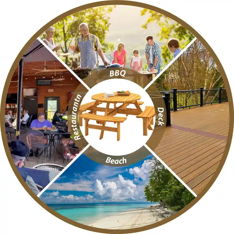 Table à manger ronde pour 8 personnes avec 4 bancs intégrés, idéale pour le camping, les pique-niques et les apéritifs au bord de la piscine.