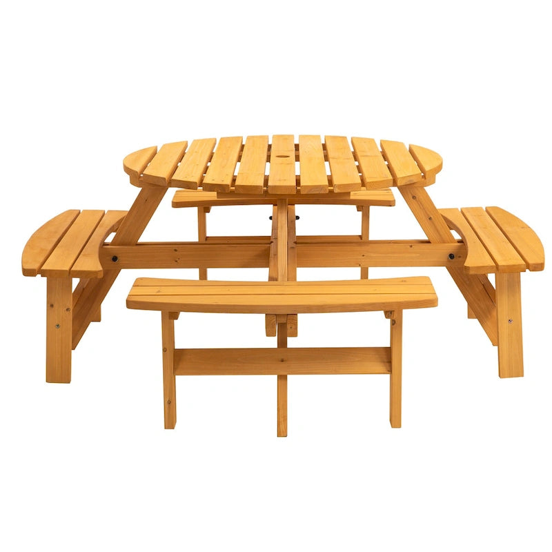 Table à manger ronde pour 8 personnes avec 4 bancs intégrés, idéale pour le camping, les pique-niques et les apéritifs au bord de la piscine.
