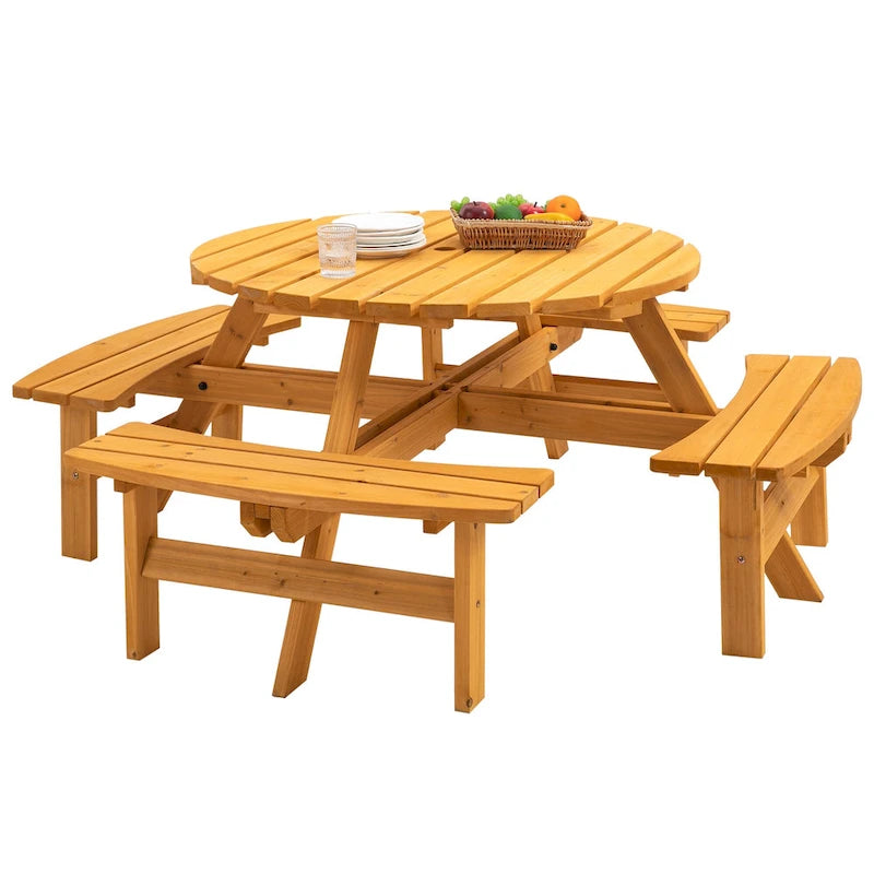 Table à manger ronde pour 8 personnes avec 4 bancs intégrés, idéale pour le camping, les pique-niques et les apéritifs au bord de la piscine.