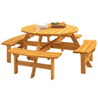 Table à manger ronde pour 8 personnes avec 4 bancs intégrés, idéale pour le camping, les pique-niques et les apéritifs au bord de la piscine.