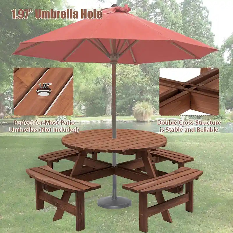 Table à manger ronde pour 8 personnes avec 4 bancs intégrés, idéale pour le camping, les pique-niques et les apéritifs au bord de la piscine.