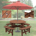Table à manger ronde pour 8 personnes avec 4 bancs intégrés, idéale pour le camping, les pique-niques et les apéritifs au bord de la piscine.