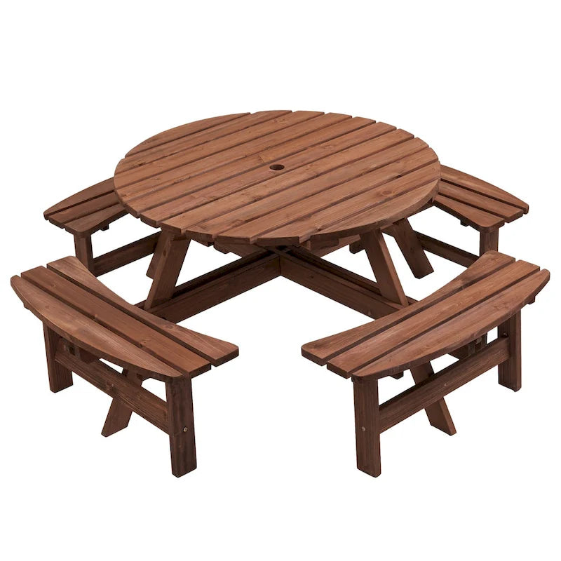 Table à manger ronde pour 8 personnes avec 4 bancs intégrés, idéale pour le camping, les pique-niques et les apéritifs au bord de la piscine.