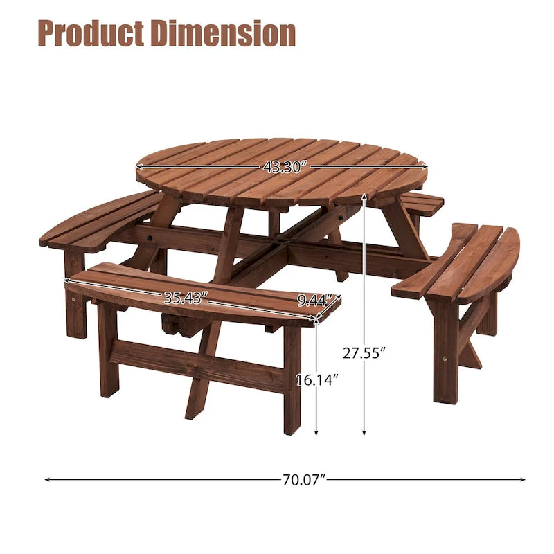 Table à manger ronde pour 8 personnes avec 4 bancs intégrés, idéale pour le camping, les pique-niques et les apéritifs au bord de la piscine.