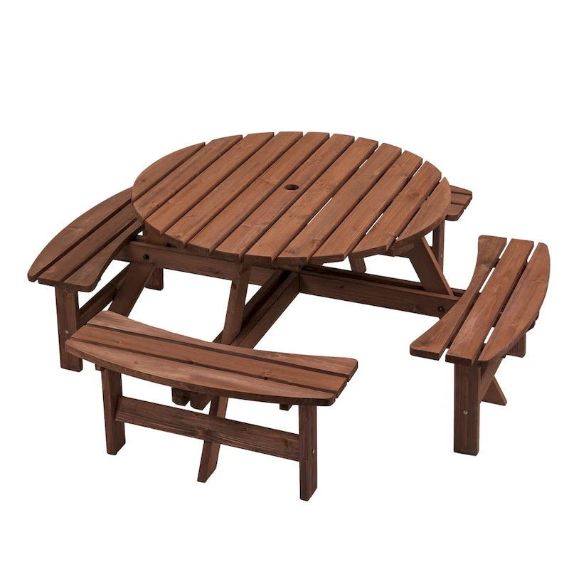 Table à manger ronde pour 8 personnes avec 4 bancs intégrés, idéale pour le camping, les pique-niques et les apéritifs au bord de la piscine.