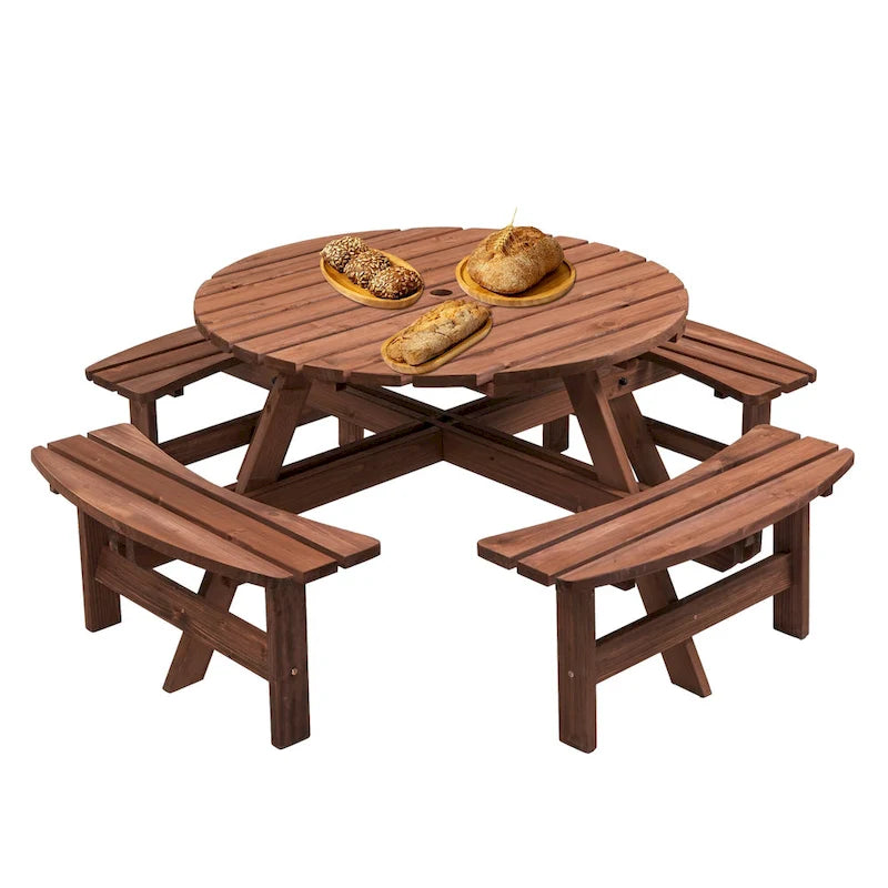 Table à manger ronde pour 8 personnes avec 4 bancs intégrés, idéale pour le camping, les pique-niques et les apéritifs au bord de la piscine.