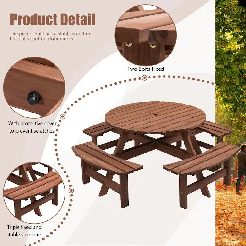 Table à manger ronde pour 8 personnes avec 4 bancs intégrés, idéale pour le camping, les pique-niques et les apéritifs au bord de la piscine.