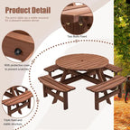 Table à manger ronde pour 8 personnes avec 4 bancs intégrés, idéale pour le camping, les pique-niques et les apéritifs au bord de la piscine.