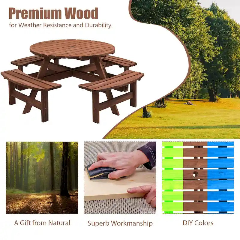 Table à manger ronde pour 8 personnes avec 4 bancs intégrés, idéale pour le camping, les pique-niques et les apéritifs au bord de la piscine.