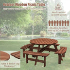 Table à manger ronde pour 8 personnes avec 4 bancs intégrés, idéale pour le camping, les pique-niques et les apéritifs au bord de la piscine.