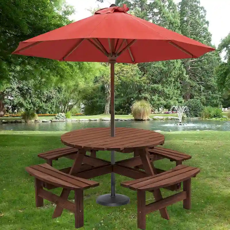 Table à manger ronde pour 8 personnes avec 4 bancs intégrés, idéale pour le camping, les pique-niques et les apéritifs au bord de la piscine.