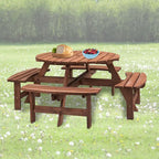Table à manger ronde pour 8 personnes avec 4 bancs intégrés, idéale pour le camping, les pique-niques et les apéritifs au bord de la piscine.