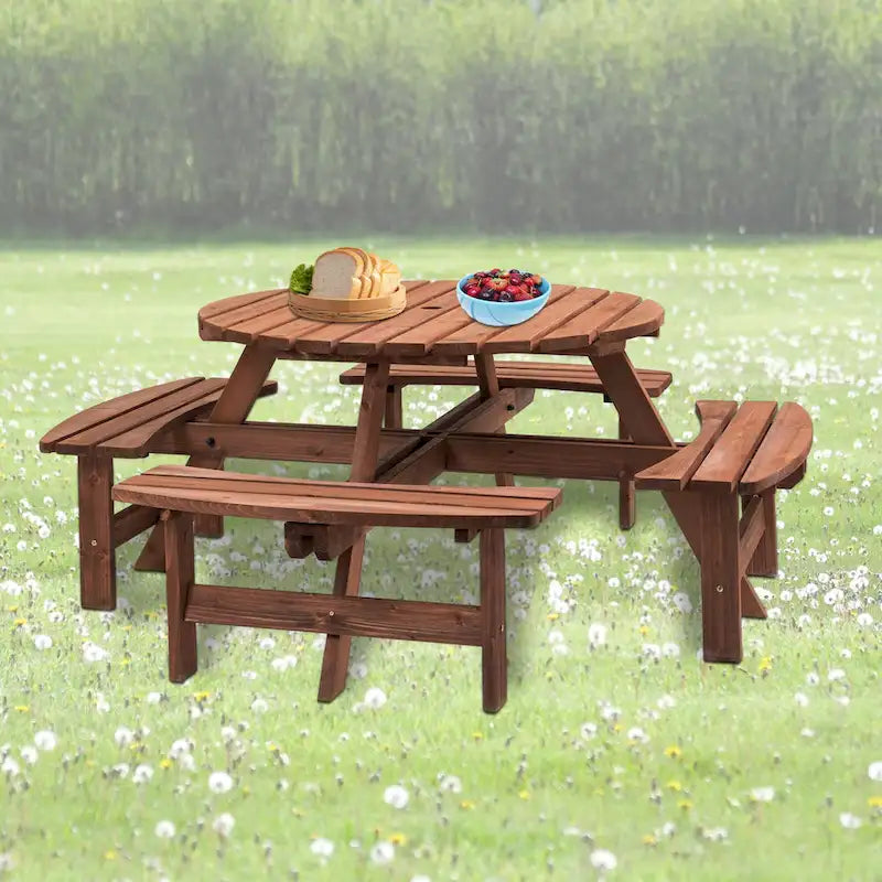 Table à manger ronde pour 8 personnes avec 4 bancs intégrés, idéale pour le camping, les pique-niques et les apéritifs au bord de la piscine.