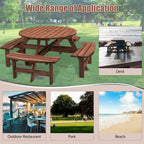 Table à manger ronde pour 8 personnes avec 4 bancs intégrés, idéale pour le camping, les pique-niques et les apéritifs au bord de la piscine.