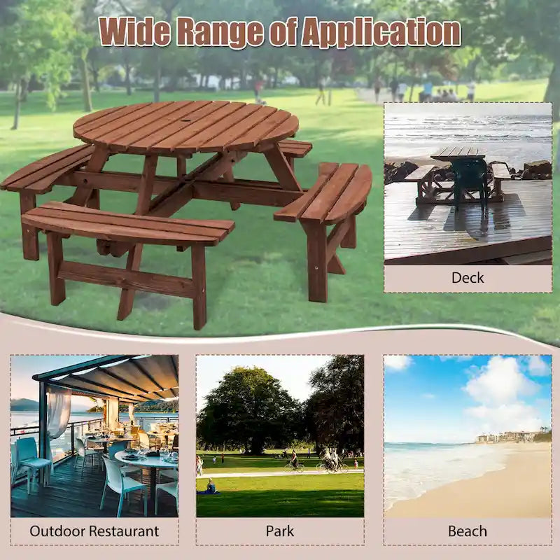 Table à manger ronde pour 8 personnes avec 4 bancs intégrés, idéale pour le camping, les pique-niques et les apéritifs au bord de la piscine.