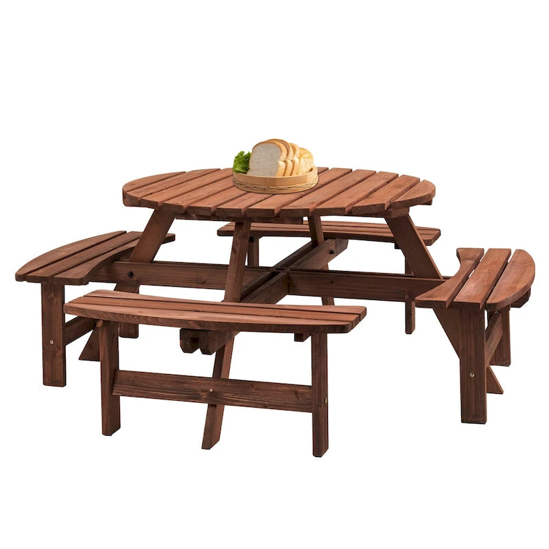 Table à manger ronde pour 8 personnes avec 4 bancs intégrés, idéale pour le camping, les pique-niques et les apéritifs au bord de la piscine.