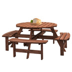 Table à manger ronde pour 8 personnes avec 4 bancs intégrés, idéale pour le camping, les pique-niques et les apéritifs au bord de la piscine.