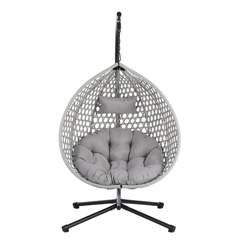 Fauteuil suspendu polyvalent pour l'intérieur et l'extérieur, en rotin PE, avec support et coussin.