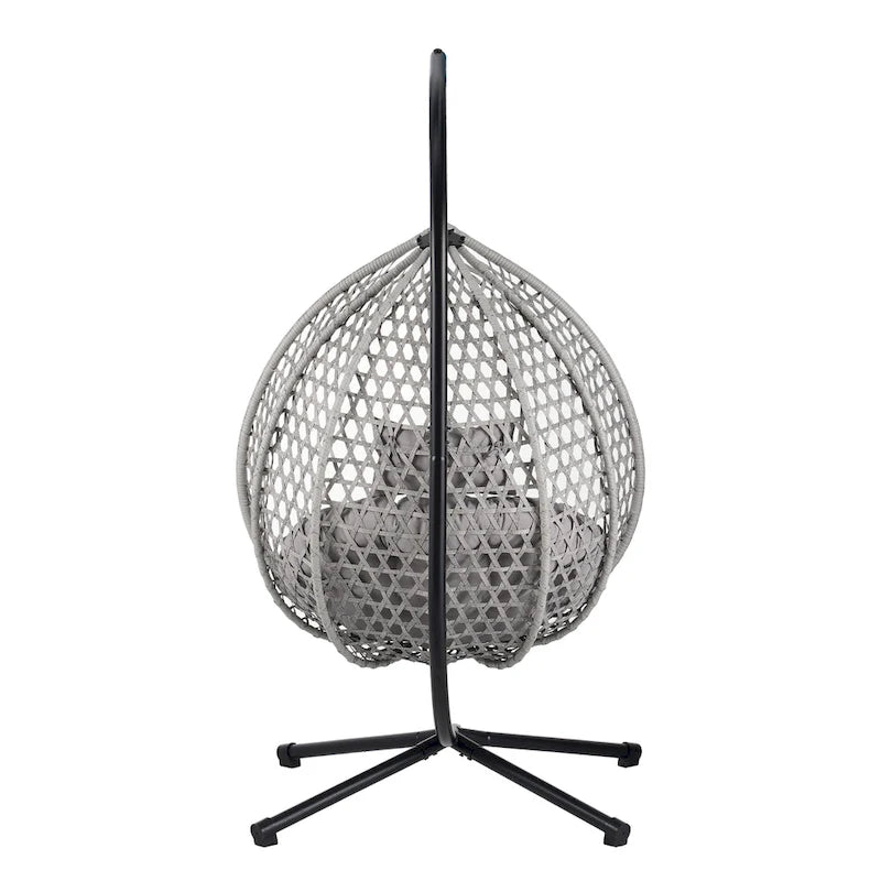 Fauteuil suspendu polyvalent pour l'intérieur et l'extérieur, en rotin PE, avec support et coussin.