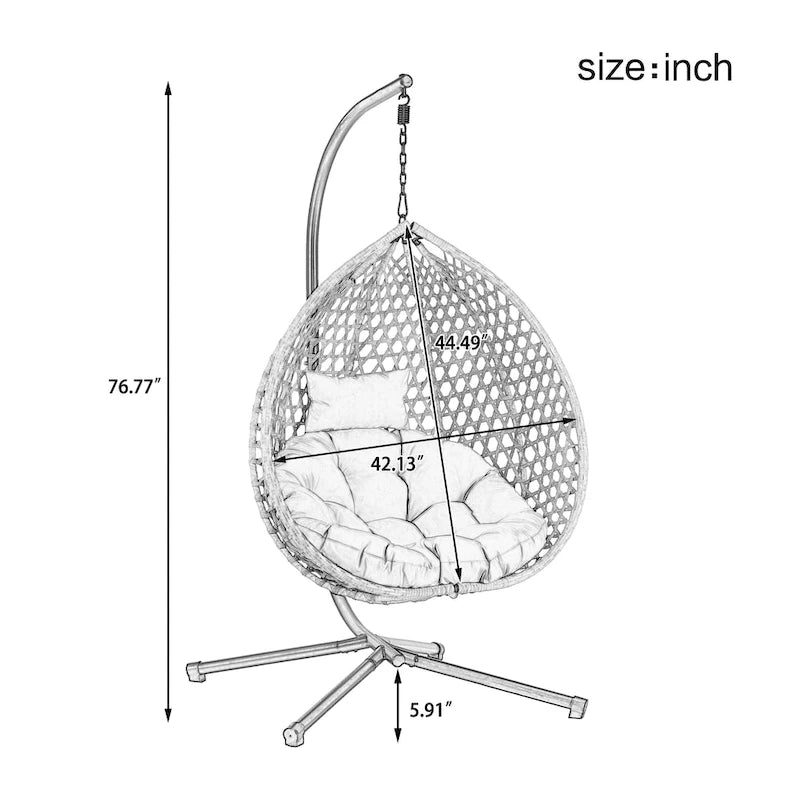 Fauteuil suspendu polyvalent pour l'intérieur et l'extérieur, en rotin PE, avec support et coussin.
